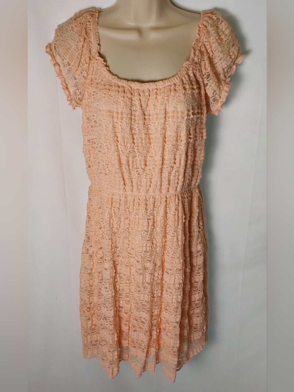 Peach Lace Short-Sleeve Mini Dress